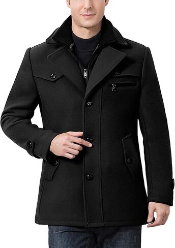 SOMTHRON Men's Wool Blend Trench Coat Layered Collar Single Breasted Quilted Lined Jacket Winter Padded Pea Coat in Kuwait