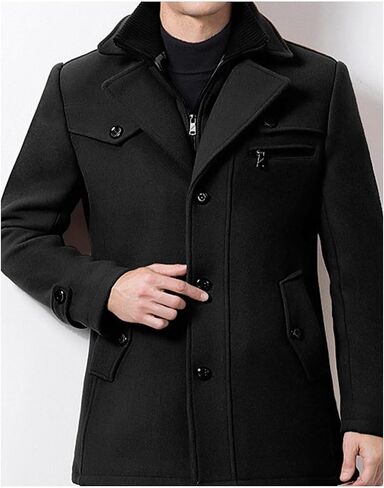 SOMTHRON Men's Wool Blend Trench Coat Layered Collar Single Breasted Quilted Lined Jacket Winter Padded Pea Coat in Kuwait