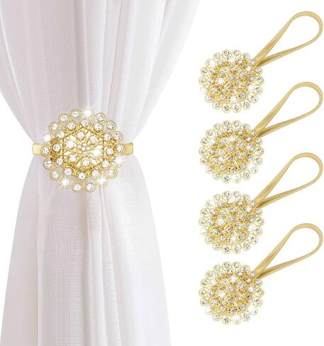 AULEEP Magnetic Curtain Tiebacks, 4 Pack Magnetic Crystal Decorative Drapes Curtain Clips Buckle, Flower Curtain Tie Back, European and American Style (Silver) in Kuwait