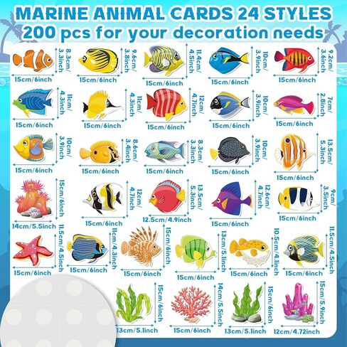 Nezyo 200 Pcs Sea Life Cut Outs with 400 Glue Points Ocean Coral Sea Turtle Tropical Fish Cutouts Ocean Themed Party Decorations Sea Animal Accents for School Classroom Bulletin Board Decoration in Kuwait