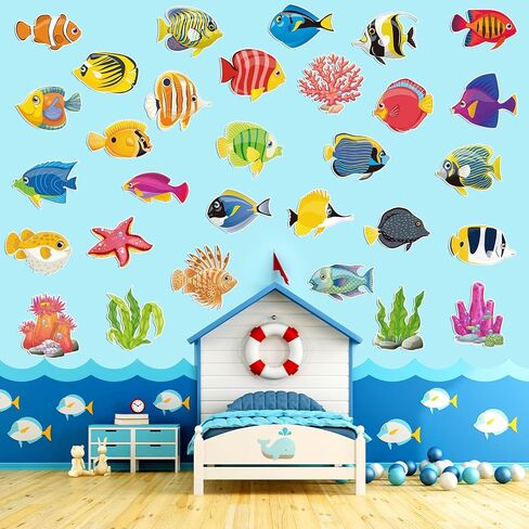 Nezyo 200 Pcs Sea Life Cut Outs with 400 Glue Points Ocean Coral Sea Turtle Tropical Fish Cutouts Ocean Themed Party Decorations Sea Animal Accents for School Classroom Bulletin Board Decoration in Kuwait
