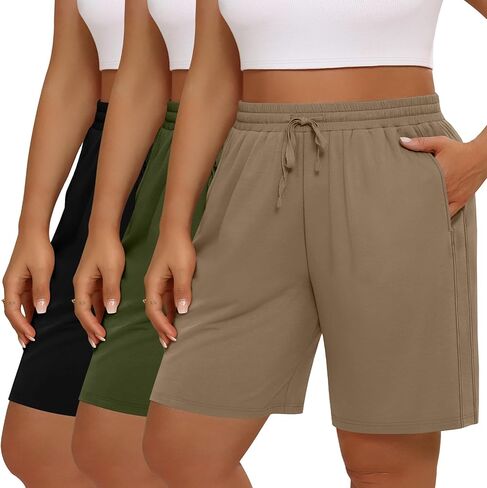 3 Pack Women's Plus Size Bermuda Shorts, Drawstring Elastic Waist Bermuda Active Summer Casual Shorts with Pockets in Saudi Arabia