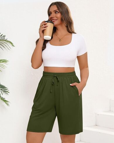 3 Pack Women's Plus Size Bermuda Shorts, Drawstring Elastic Waist Bermuda Active Summer Casual Shorts with Pockets in Saudi Arabia