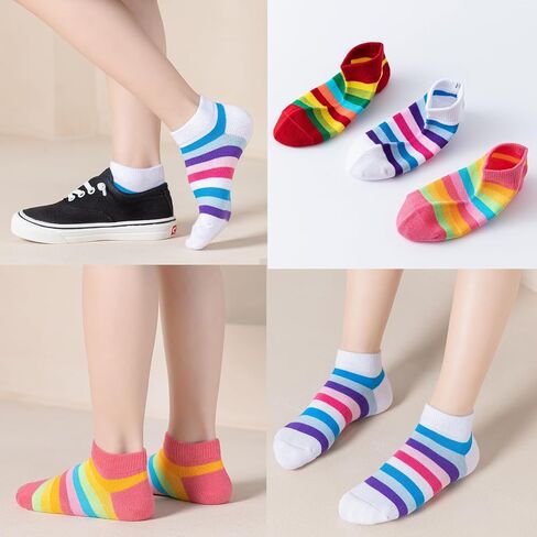 Girls No Show Seamless Socks Rainbow Cotton Stripes Socks Kids Low Cut Athletic Socks For School in Kuwait