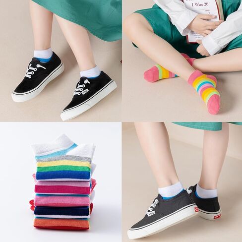 Girls No Show Seamless Socks Rainbow Cotton Stripes Socks Kids Low Cut Athletic Socks For School in Kuwait