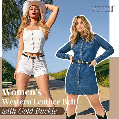 WERFORU Women Leather Belt Fashion Leather Waist Belt for Pants Jean Ladies Western Belt with Gold/Silver Buckle in Saudi Arabia