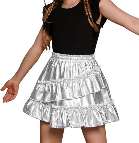 Mirawise Girls Metallic Sequin Skirt Sparkle Shiny Ruffle Asymmetrical Skirts Dance Outfit Party Elastic Waist Skorts 6-13Y in Kuwait