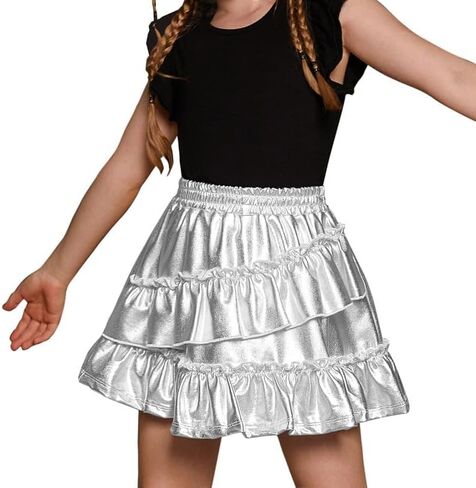 Mirawise Girls Metallic Sequin Skirt Sparkle Shiny Ruffle Asymmetrical Skirts Dance Outfit Party Elastic Waist Skorts 6-13Y in Kuwait