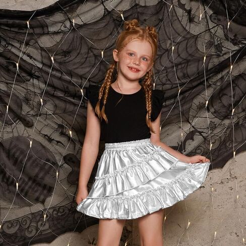 Mirawise Girls Metallic Sequin Skirt Sparkle Shiny Ruffle Asymmetrical Skirts Dance Outfit Party Elastic Waist Skorts 6-13Y in Kuwait