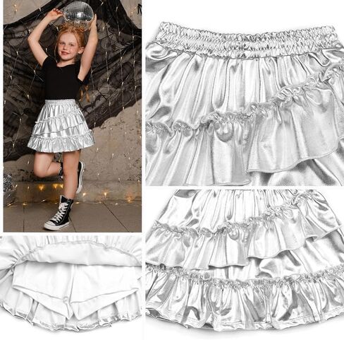 Mirawise Girls Metallic Sequin Skirt Sparkle Shiny Ruffle Asymmetrical Skirts Dance Outfit Party Elastic Waist Skorts 6-13Y in Kuwait