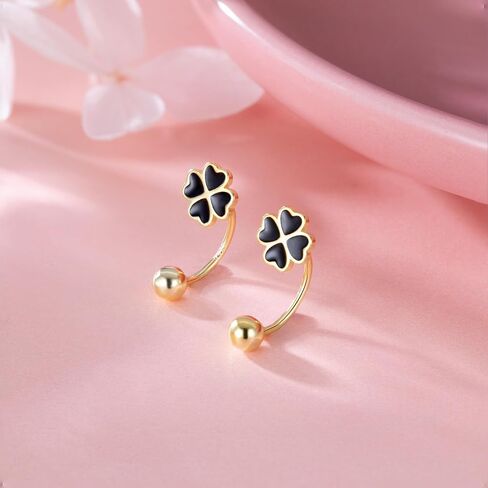 Reffeer Solid 925 Sterling Silver Clover Flower Half Hoop Earrings for Women Teens Black Clover Hoop Earrings Huggie Shamrock Earrings in Saudi Arabia