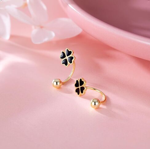 Reffeer Solid 925 Sterling Silver Clover Flower Half Hoop Earrings for Women Teens Black Clover Hoop Earrings Huggie Shamrock Earrings in Saudi Arabia