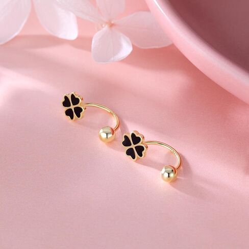 Reffeer Solid 925 Sterling Silver Clover Flower Half Hoop Earrings for Women Teens Black Clover Hoop Earrings Huggie Shamrock Earrings in Saudi Arabia