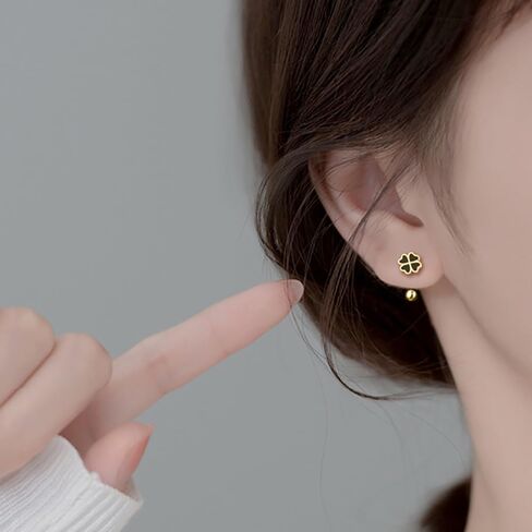 Reffeer Solid 925 Sterling Silver Clover Flower Half Hoop Earrings for Women Teens Black Clover Hoop Earrings Huggie Shamrock Earrings in Saudi Arabia