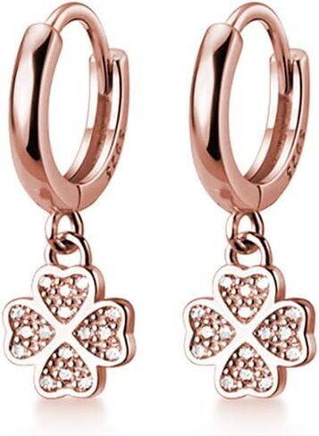 SLUYNZ 925 Sterling Silver CZ Clover Hoop Earrings Dangle for Women Teens Lucky Clover Leaf Huggie Earrings Flower Drop in Saudi Arabia