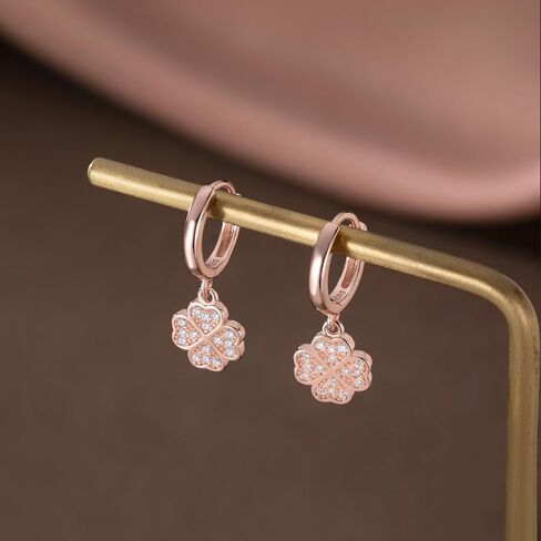 SLUYNZ 925 Sterling Silver CZ Clover Hoop Earrings Dangle for Women Teens Lucky Clover Leaf Huggie Earrings Flower Drop in Saudi Arabia