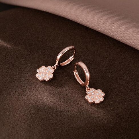 SLUYNZ 925 Sterling Silver CZ Clover Hoop Earrings Dangle for Women Teens Lucky Clover Leaf Huggie Earrings Flower Drop in Saudi Arabia