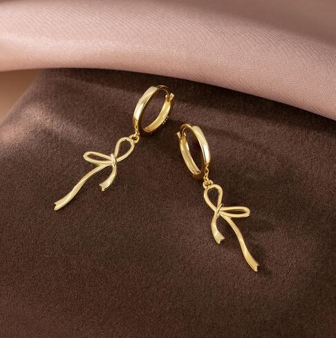 Reffeer Solid 925 Sterling Silver Bow Hoop Earrings Drops for Women Teens Bowknot Hoop Earrings Ribbon Huggie in Saudi Arabia