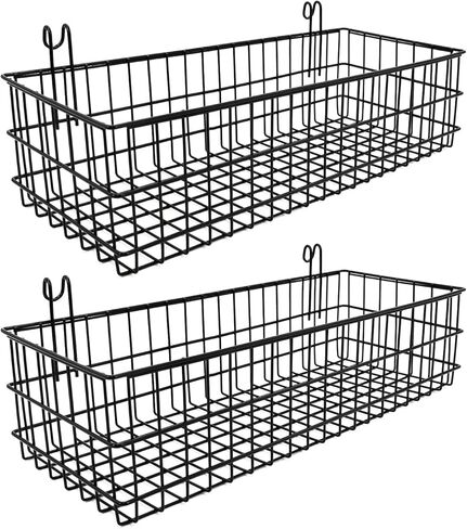 ANZOME Wire Wall Basket, Grid Basket with Hooks, Wall Mounted Organizer for Wall Grid, Kitchen Organizer, Wire Storage Shelf Rack for Home Supplies, Wall Decoration(Black) in Kuwait