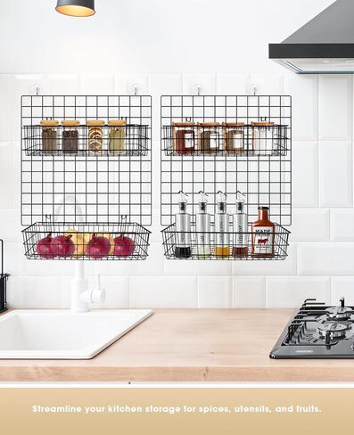 ANZOME Wire Wall Basket, Grid Basket with Hooks, Wall Mounted Organizer for Wall Grid, Kitchen Organizer, Wire Storage Shelf Rack for Home Supplies, Wall Decoration(Black) in Kuwait