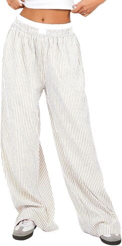 Women Pajama Pants Striped Wide Leg Elastic Waist Lounge Pj Bottoms Sleepwear in Saudi Arabia