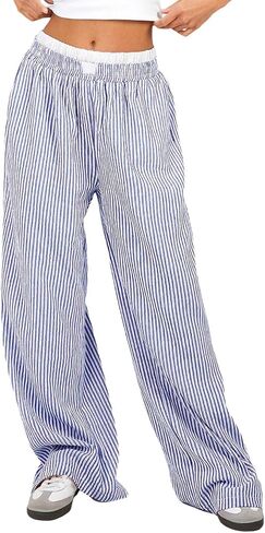Women Pajama Pants Striped Wide Leg Elastic Waist Lounge Pj Bottoms Sleepwear in Saudi Arabia