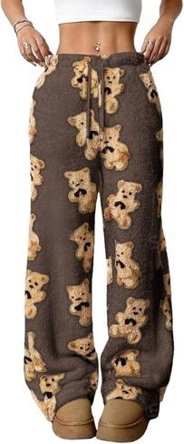 Zaful المرأة الفخمة الزائفة Pajama Pants الرباط مرنة الخصر عريض ساق Teddy PJ سراويل صالة in Kuwait