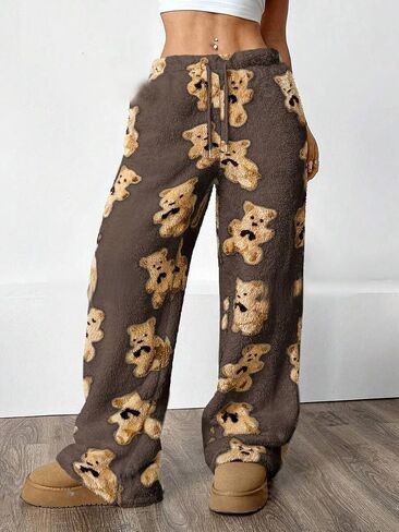 Zaful المرأة الفخمة الزائفة Pajama Pants الرباط مرنة الخصر عريض ساق Teddy PJ سراويل صالة in Kuwait
