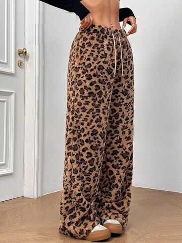 Zaful المرأة الفخمة الزائفة Pajama Pants الرباط مرنة الخصر عريض ساق Teddy PJ سراويل صالة in Kuwait