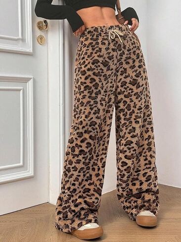 Zaful المرأة الفخمة الزائفة Pajama Pants الرباط مرنة الخصر عريض ساق Teddy PJ سراويل صالة in Kuwait