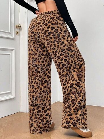 Zaful المرأة الفخمة الزائفة Pajama Pants الرباط مرنة الخصر عريض ساق Teddy PJ سراويل صالة in Kuwait