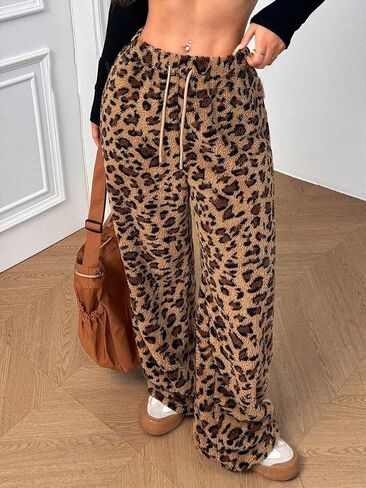 Zaful المرأة الفخمة الزائفة Pajama Pants الرباط مرنة الخصر عريض ساق Teddy PJ سراويل صالة in Kuwait