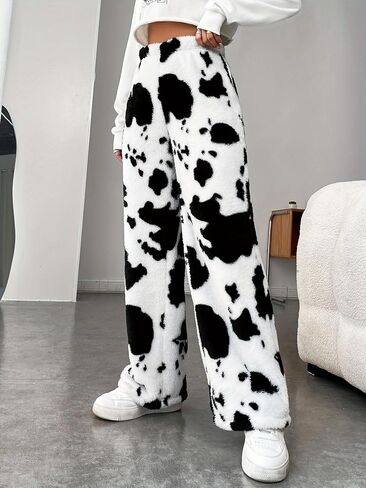 Zaful المرأة الفخمة الزائفة Pajama Pants الرباط مرنة الخصر عريض ساق Teddy PJ سراويل صالة in Kuwait