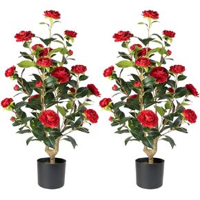 Artificial Camellia Tree 2 Pack - Realistic Camellia Plants in Pot with Red Flowers, Lifelike Faux Greenery for Living Room, Patio, or Wedding, Red in Kuwait