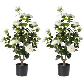 Artificial Camellia Tree 2 Pack - Realistic Camellia Plants in Pot with Red Flowers, Lifelike Faux Greenery for Living Room, Patio, or Wedding, Red