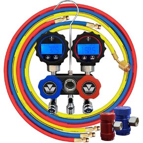 Mastercool Mini R1234yf Aluminum Digital Manifold with 3-72" Hoses and R1234yf Manual Couplers Packaged in a Zippered Carry Case, 82172, Black Series