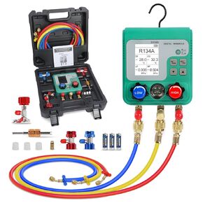 HVAC Digital Manifold Gauge Set, 92 Refrigerant Dual Pressure & Vacuum Test HVAC Gauges with Hoses R22 R134a R410a Refrigerant Gauges with 1/4" SAE Interface, Portable Hook