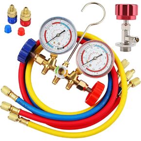 R134A Manifold Gauge Set with R134a Can Tap R134a Quick Coupler,3 Way AC Diagnostic Manifold Gauge Set for R134a R12 R22 R404a Refrigerant,Automotive AC Gauge Set with 3Ft Charging Hoses