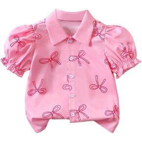 Verdusa Girl's Cute Bowknot Puff Sleeve Blouse Tops Button Down Collared Shirts