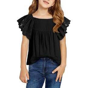 Girls Summer Ruffle Short Sleeve Shirts Tops Casual Pleated Square Neck Blouse 6-15 Years