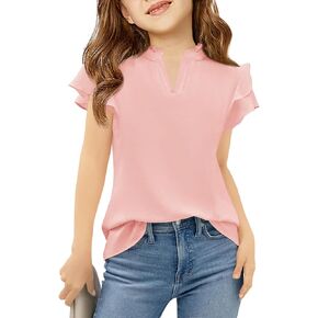 Haloumoning Girls Ruffle Short Sleeve T Shirts Kids Summer Cute V Neck Tops Blouses 5-14 Years