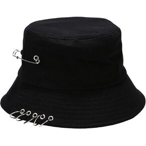 Five Ring &Safety Pin Decor Cotton Bucket Hat Packable Beach Sun Hat for Womens Men