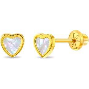 14k Yellow Gold Mother of Pearl Little Heart Screw Back Earrings for Young Girls - Dainty Heart Studs for Baby Girls to Toddlers