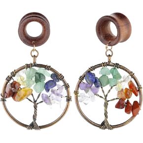 Handmade 7 Chakra Tree of Life Wood Dangle Ear Gauges Piercing Flesh Tunnels Plugs Statement Earrings Stretching Kit