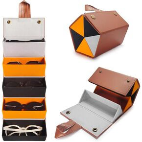 XQC Travel Sunglasses Organizer ، حالة سفر قابلة للطي مع 5 فتحات ، حالة من النظارات الشمسية المتعددة ، مناسبة للنساء للرجال ، السفر （بني）