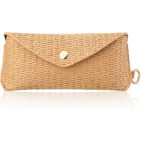 Leinuosen Woven Straw Glasses Case with Clip Hard Shell Boho Rattan Eyeglass Case Protective Sunglasses Pouch for Women Men Girls Travel Vacation