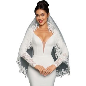 Pearl Fingertip Length Lace Wedding Bridal Veil with Comb