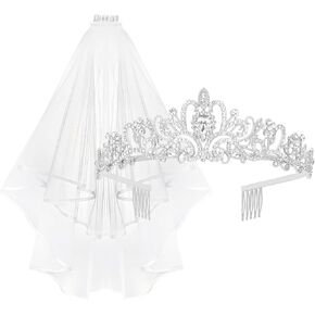 YARIEW Silver Crown and Bride Veil Set, Rhinestone Wedding Tiara, Bridal Shower and Bachelorette Party Decorations, Prom Bridal Shower and Birthday Gift for Women and Girls in Kuwait