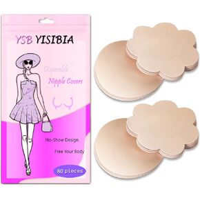 YISIBIA 80 Pcs Nipple Covers For Women Disposable Invisible & No-Show Satin Nipple Stickers Adhesive Petals Breast Pasties (Nude)