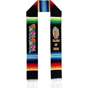 Genuine Serape 100% Authentic Mexican Graduation Sash Class of 2025, Virgin of Guadalupe Hispanic Serape Graduation Sash with Flowers Flores, Serape Stole